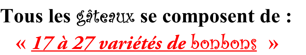 Tous les gâteaux se composent de : 
   « 17 à 27 variétés de bonbons  »
