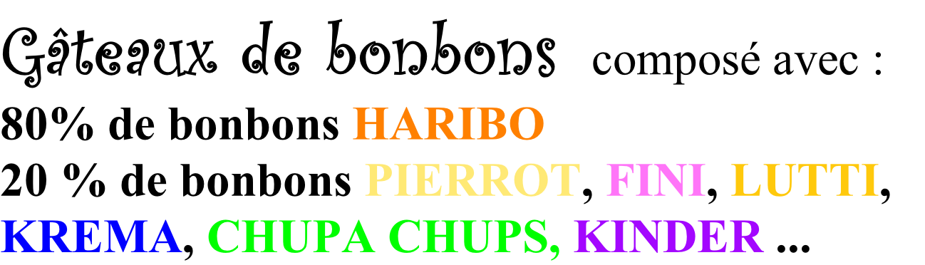 Gâteaux de bonbons  composé avec :
80% de bonbons HARIBO
20 % de bonbons PIERROT, FINI, LUTTI, 
KREMA, CHUPA CHUPS, KINDER ...